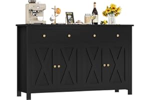 ‎FIRFURD FirFurd Sideboard 140cm Breit Küchenschrank mit Arbeitsplatte Buffetschrank mit 2 Schubladen und 4 Türen Küchenbuffet mit Verstellbares Regal Sideboard für Wohnzimmer Küche 140x89x40 cm (schwarz)