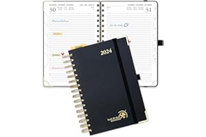 POPRUN Agenda 2024 Journalier Spirale 21,5 x 14,9 cm, 1 Page par jour de jan 2024 à déc 2024 avec Couverture Rigide, Poche intérieure, Papier Certifié FSC®80 g/m²- Noir