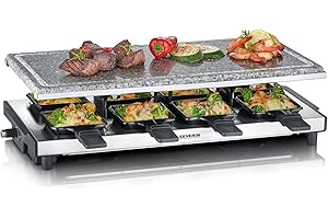 SEVERIN Raclette-Grill con piedra natural, parrilla eléctrica de sobremesa, raclette para 8 personas con placa de parrilla grill y 8 sartenes, plástico/acero inoxidable, negro, RG 2374