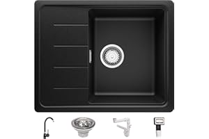 Fregadero Cocina 62 x 50 cm, Fregadero Granito Un Seno + Grifo + Sifón Clásico, Fregadero Empotrado con Escurridor Copenhagen 620 de Primagran, Negro