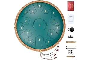VEVOR Tambour à langue en acier, 356 mm, 15 notes, tambour de pluie pour jardin extérieur, ré majeur, instrument de percussion à main, 2 maillets, sac de transport, pour éducation musicale, yoga, vert