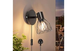 Kimjo Plug in Wall Lights for Bedroom - Wall Light Plug in Wall Lamp with Switch and Cable - Wall Lighting Fixtures 350° Rotatable Wall Sconce Lights E14 - Black Wall Light for Living Room No Bulb