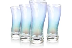 Joeyan Lot De 4 Verre a Eau, 380ml irisé Verres à Boire En Verre,Colorés Gobelets Nervurés pour Cocktails,Boissons Mélangées,Bière,Soda,Ensemble de Highball à Jus D'extérieur,Lavable au Lave-vaisselle