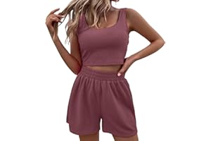 Yellsong Survêtement Femmes Casual Ensemble 2 pièces Suit Ample Sans Manches Été Débardeur Crop Top + Short De Jogging Sportswear Décontracté Ensemble Yoga Fitness Gym Outfit