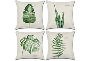Artscope 4 Piezas Impermeables Funda de Cojines, de Exterior Funda de Almohada Cuadrado para Patio Balcón Jardín Sofá Oficina Hogar Decorativas 45x45cm, Hoja Verde 01