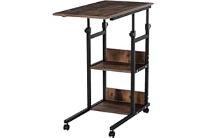 HOMCOM C-Shaped Side Table Industrial Mobile Rolling End Desk with 3-Tier Storage Shelving, Adjustable Height, Wheels