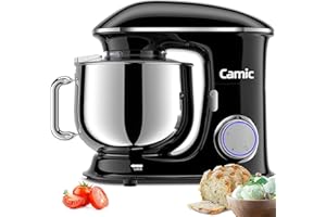 Küchenmaschine Knetmaschine Camic 1500W 8L Küchenmaschine Rührgerät Multifunktionsmischer geräuscharm leistungsstark und professionell, 6 Geschwindigkeiten mit Impuls, Edelstahlschüssel, (Schwarz)