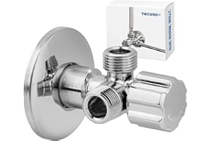 tecuro | Zawór kątowy z podwójnym zaworem kątowym | w zestawie rozeta przesuwna Ø 56 mm | przyłącze ścienne 1/2 cala (DN 15) | z dwoma wyjściami przyłącze 3/8 cala | mosiądz | chromowany | D441094