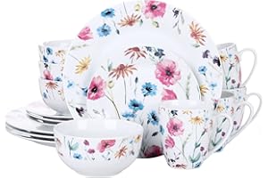 VEWEET, Series Doris, 16-Piece Dinner Set of Porcelain Combination Set with 10.75" Dinner Plate, 7.5" Dessert Plate, 5.5" Cereal Bowl and 380ml Mug, Service for 4