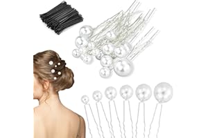 JRSHIRLEYLTD Juego de 18 horquillas para el pelo con perlas de novia, pinzas para el pelo con perlas en forma de U, para bodas, damas de honor, niñas (oro), con 50 clips planos negros