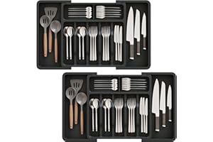 ABHENG Organizador de Cubiertos,Lot de 2, Organizador de Cajones para Utensilios de Cocina Extendible y Ajustable, Portacubiertos de Plástico con 9 Compartimientos, Negro, AFD012B