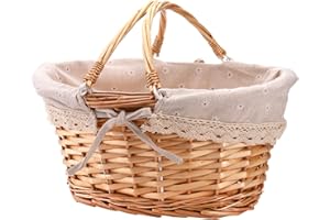 Peohud Wicker Picnic Basket, Large Hamper Baskets for Gifts Empty, Willow Woven Basket with Folding Handles and Removable Linen Lining, Storage Basket for Egg Gathering, Candy, Toys, Easter, Oval