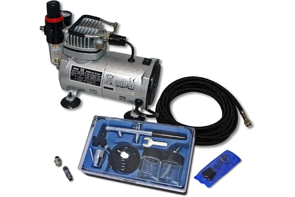Wiltec Kit Airbrush avec compresseur AS 18-2 – 20-23 l/Min – avec Pistolet aérographe 128, Godets 22 ML & Accessoires – pour débutants et professionels – Aérographie, Tatouage, Nail Art, Peinture