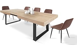 CASABEL - Tavolo da pranzo allungabile con estensione - Grande capacità - Stile industriale - Piano da 160 a 200 cm - Da 6 a 8 persone - Gambe in metallo - Sala da pranzo, cucina - Legno chiaro e nero