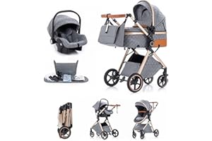 Kakbgee Cochecito 3 en 1 con Silla de Coche, Carrito bebé Plegable, Manillar 7 Alturas, Suspensión 4 Ruedas, Funda de Lluvia y Mosquitera, Sistema de Viaje para Recién Nacidos 0-3 Años 15kg,Gris claro