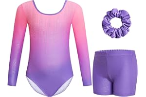 Gogokids Trykoty gimnastyczne dla dziewcząt z długim rękawem błyszczące stras jednostki taneczne rower z szortami dla 3-12 lat