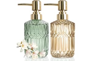 JINYOMFLY Dozownik mydła, kolor zielony, różowe złoto, butelki do szamponu do napełniania, dozownik mydła szklany z pompką, dozownik z pompką, dozownik mydła w stylu vintage, zestaw 2 sztuk, 390 ml