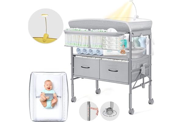 Table a Langer Bebe avec Tiroir et Veilleuse, Table à Langer Pliable à Hauteur Réglable avec Sangle de Sécurité, Espace de Stockage Extra Large, Mobile Commode a Langer Bebe, Gris