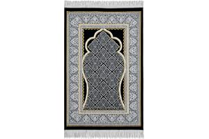 Prayer Rug (Sajadah) – Knee-Friendly Comfort, Compact Foldable Travel & Office Prayer Mat, Elegant Black & Silver Mihrab Design with Fringe (Black)