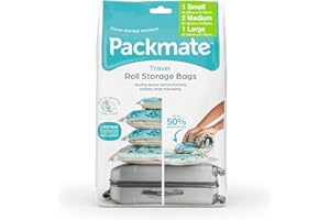 Packmate - 4 Mixed Sized 1 Large + 2 Medium + 1 Small Travel Roll Up Vacuum Bags Ideal Space Saving Packing Organiser for your Suitcase, Hand Luggage or Rucksack No Vacuum Needed