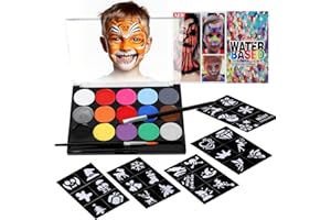 KANGTAIXIN Pintura Corporal y Facial de 15 Colores - Kit de Pintura Facial con 30 Plantillas y 2 Pinceles, Ideal para Niños, Halloween, Fiestas, Cosplay y Semana Santa