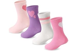 DRESHOW Crew Socken Mädchen Sportliche Kinder Socken Mit Herzen Gestreift 4 Paar für Kinder 4-10 Jahre