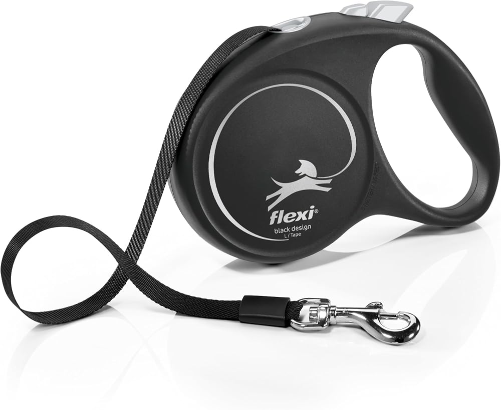 Flexi Black Design L Beden Siyah5MT Şerit Tasma | Tek elle acil fren, durdur ve git düğmesi, ergonomik yumuşak sap, sağlam karabina, Almanya'da üretilmiştir