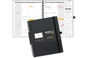 POPRUN Agenda Mensuel 2024 2025 Spirale Scolaire - 18 Mois Planificateur Mensuel De Jan'24 à Juin'25 avec Couverture Souple en PU Cuir, Papier 100 g/m² - 26,5 x 21,5 cm, Noir