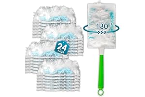 BRUVISH (24 Stück) Staubmagnet Nachfülltücher für Swiffer Staubwedel, 180 Grad Nachfüllset mit 1 zusätzlichem Griff, Einweg Staubbürstenköpfe für Swiffer Staubtücher