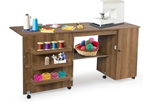 RELAX4LIFE Table de Machine à Coudre Pliable avec 4 Etagères et Armoire Latérale, Armoire à Machine à Coudre avec 6 roulettes et Freins, 158x50x74CM, Blanc/Naturel/Brun (L, Brun)