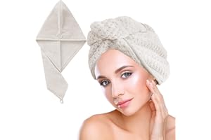 OLICKY Toallas para Secar el Pelo, Capucha para el Cabello Seco, Toalla de Microfibra Suave, Toallas de Ducha con Botones (Beige)