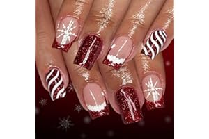 EONFAVE Square Christmas False Nails - 24PCS Medium Press on Nails - Glitter Snowflake Christmas Hat Design False Nails with Glue - Christmas Style Glossy Full Cover Nail DIY Nail Art