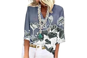 TIMEMEAN Tops Femme,Tops d'automne à Manches 3/4 pour Femmes Chemises D'Été à Col V en Dentelle Et Crochet Chemisier De Bureau Décontracté à Imprimé Floral