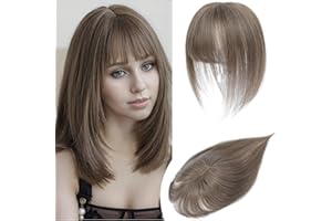 Lasunork Hair Toppers for Women Human Hair Topper with Bangs Hand-woven Swiss Base Hair Topper (Dark Ashy Brown)