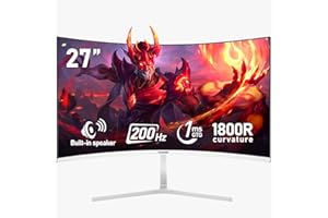 Gawfolk 27 Inch PC computer screen,1800R Curved Gaming 200Hz Monitors, FHD1080p,1ms,Built-in speaker, freesync, 98%sRGB,178 ° Angle View,HDMI DisplayPort, Compatible with Wall-Mounted 100*100MM-White