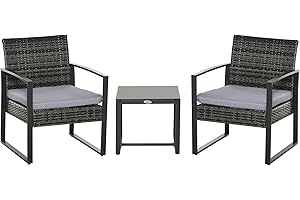 Outsunny Conjunto de Muebles de Ratán de Jardín 3 Piezas Set de Comedor con 1 Mesa 42,5x40x39 cm 2 Sillones 63x57x76 cm Cojín Acolchado para Patio Terraza Balcón Gris