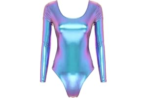 TiaoBug Damen Glänzend Ballettanzug Langarm Ballett Trikot Tanz Body Metallic Turnanzug Gymnastikanzug Dancewear