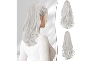 RUWISS Doble Uso Clip en Extensión Cola de Caballo Largo Ondulado Rizado Coleta Postiza Sintética Ponytail Postizos con Pinza de Aspecto Natural para Mujeres Uso Diario 45cm,Gris Plateado Helado