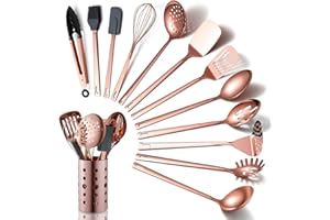 HOMQUEN Juego de Utensilios de Cocina de Cobre y Acero Inoxidable de 13 Piezas con Chapado en Oro Rosa de Titanio y Soporte para Utensilios