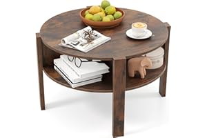 COSTWAY Okrągły stolik kawowy z miejscem do przechowywania, drewniany z 4 półkami, do salonu, biura (brązowy)