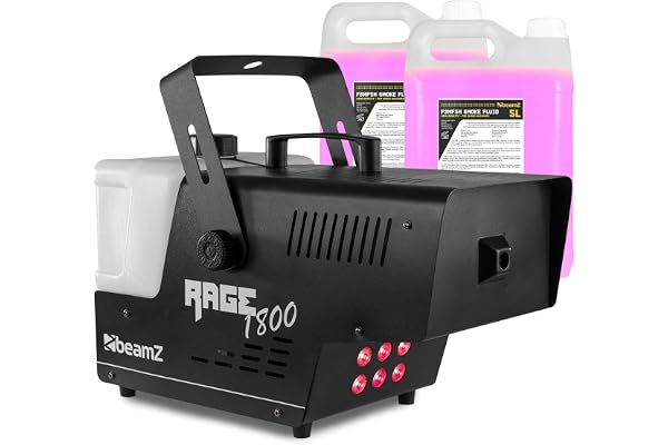 BeamZ RAGE1800LED - Machine à fumée 1800W avec LEDs RGBA 6 x 9W, jet 530 m³/min, DMX & minuterie - Idéale DJ, scène, club - 10L de liquide inclus