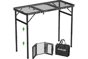 GARLLEN Fällbart grillbord, 87 x 40 cm, 3 justerbara höjder (26/48/70 cm), trädgårdsbord i aluminium, svart, för camping picknick och strand, 3 veck