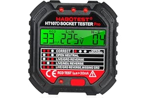 Socket Tester Hancaner Steckdosentester mit RCD-Prüfung und LCD-Voltage-Display 90~250V/45~65Hz fi tester Automatischer Stromkreis-Polaritäts-Spannungsdetektor-Unterbrecher-Sucher HT107D
