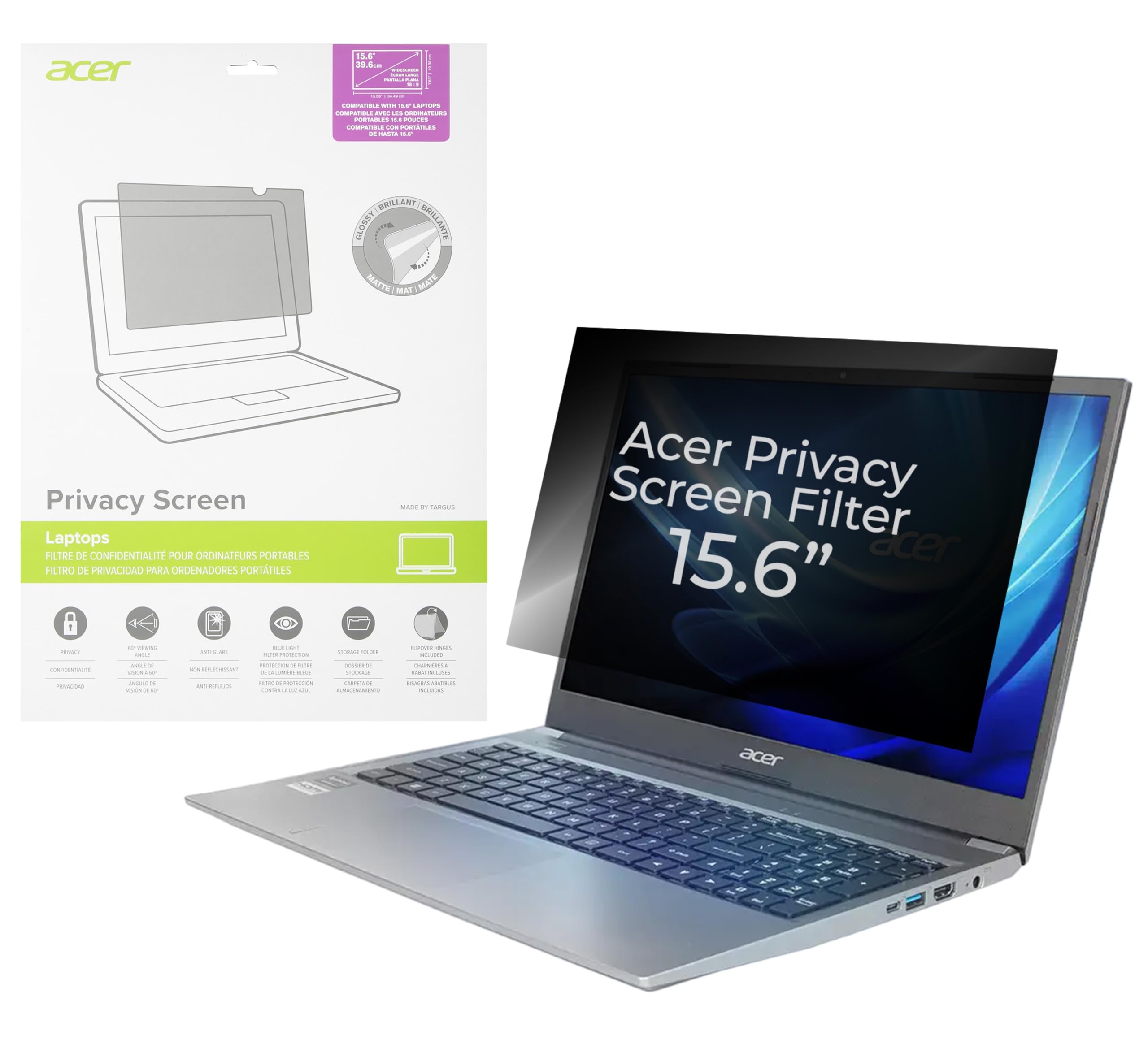 Acer 15.6 inch Privacy Screen Filter I 60 Degree Viewing Angle, Anti Glare, Blue Light Filter I Antimicrobial Protection I Glossy or matte sides to Choose I 4 attachment methods I Designed by Targus
