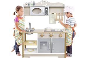 LARS360 Kinderküche Holz mit umfangreichem Zubehör - Enthält Mikrowelle, Backofen, Spüle, Kochutensilien und Gewürze. Sicher, ungiftig und leicht zu bedienen (68x26x78cm), LARS-(ELC1061)-1