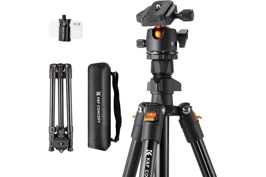 K&F CONCEPT 64inch/163cm Camera Tripod, Lightweight Aluminum Travel Outdoor Tripod with Ball Head Load Capacity 8kg, Phone Holder, for DSLR Cameras O2341A1+BH-36