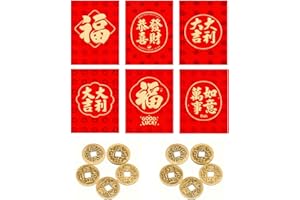 HATTUSASHIELD 36 Pcs 6 Designs Chinese New Year Red Envelopes, 10 Pcs Feng Shui Fortune Coins for Wealth Health Success Good Luck, 2026 Lunar New Year Spring Festival Hong Bao Red Packet Year