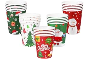 Vivantia 25 Pieces Christmas Party Paper Cups 9oz Festive Disposable Paper Cups, 5 Designs Santa Snowman Christmas Trees Pattern for Xmas Dinner Cups Indoor Outdoor Party Supplies Table Decor