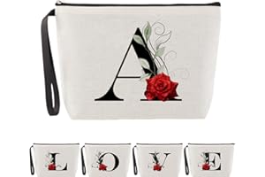 Blisswave Pochette Personalizzata dalla A alla Z, Regali per Donna, Mamme e Amica, Regali di Natale e Compleanno, Elegante e Carina Beauty Case da Viaggio con Iniziale Nome Motivo a Rosa (Beige)