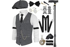 20er Jahre Kostüm Herren Weste mit Accessories Hosenträger, Krücke Taschenuhr Bart Barett Gläser Krawattennadel für Mafia Kostüm 1920S Gangster Peaky Blinders Karneval Halloween Mottoparty